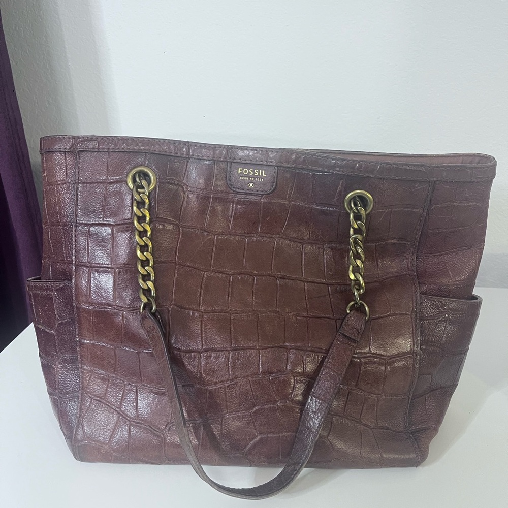 Vintage Fossil Leather Croc-Embossed Brown Mimi Shopper Purse Tote Bag